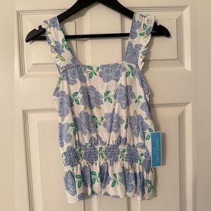 Draper James Gray and Green Smocked Ruffled Tank Top